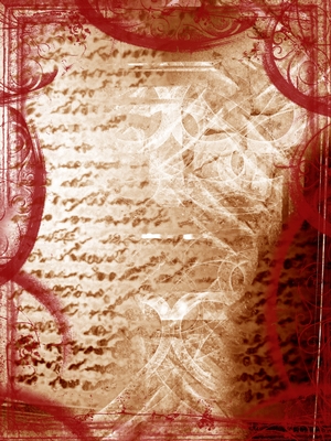Image of sepia-toned, handwritten words in a grungy collage with red and brown smeared colours.