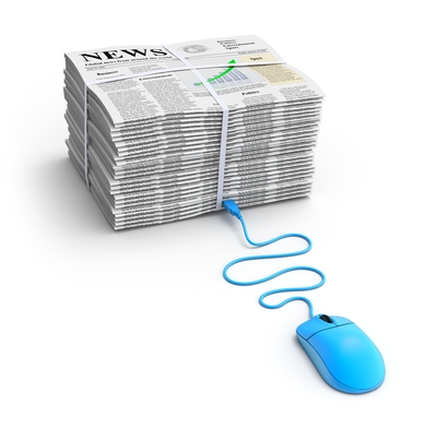 A tied bundle of black-and-white newspapers with a bright blue computer mouse seemingly plugged into the stack, signifying a relationship between print and digital news.