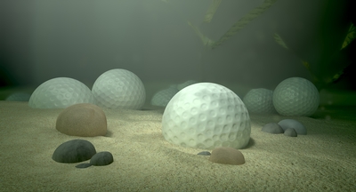 Golf balls and stones on sand under water.