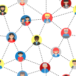 Headshots of individuals on round coloured backgrounds are connected by dotted lines