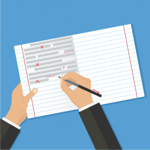 Illustration of hands over an open lined notebook, correcting text errors with a red pen.