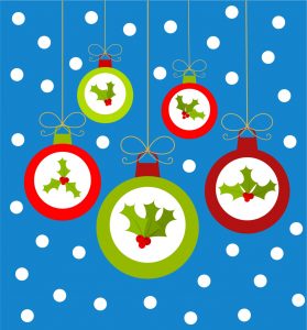 Illustration of red and green holiday ornaments, each with a picture of holly, hanging against a blue background with white polka dots.