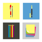 Four squares showing writing tools, including pens, pencils and sticky note pads. (Copyright magicleaf ©123RF.com)
