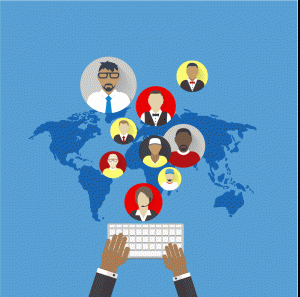 Illustration of hands on a keyboard. In the background is a world map with bubbles of individual people, implying the person typing is connecting to people around the world.