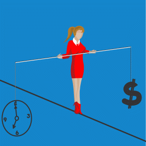 Illustration of a long-haired person in red heels and a tight red dress over a white collared shirt walking a tightrope. They hold a long bar for balance: a clock is hanging from one side, and a dollar sign from the other.