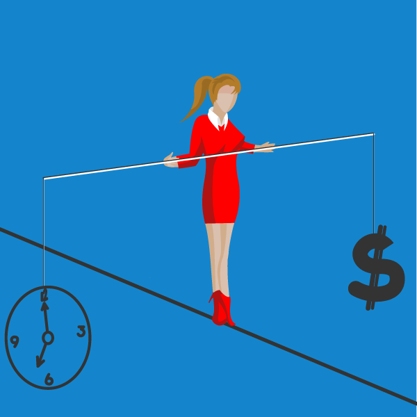 Illustration of a long-haired person in red heels and a tight red dress over a white collared shirt walking a tightrope. They hold a long bar for balance: a clock is hanging from one side, and a dollar sign from the other.