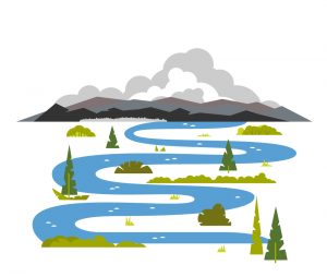 Illustration of a winding river snaking by trees and shrubs on its way to a cloudy mountain range in the background.