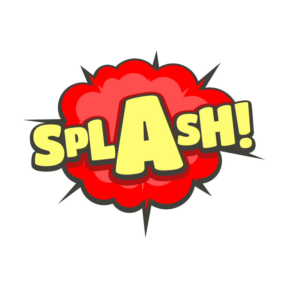 A graphic showing the word "splash" on a blue burst of water coming at the reader to symbolize how to write with a splash