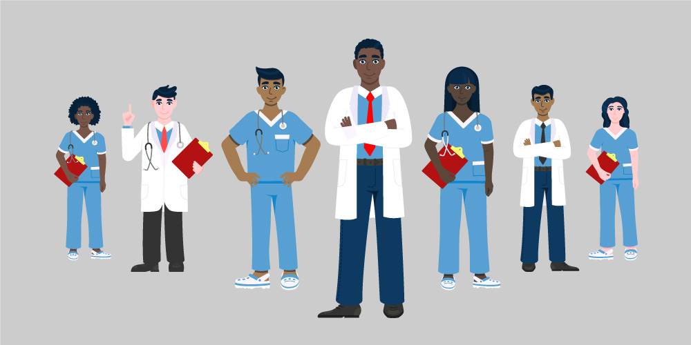 Illustration of 7 diverse medical professionals standing in a V-formation on a grey background.