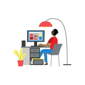 Illustration of person with headphones, their back to us, working at a desk with a desktop computer. There's an arc floor lamp to their right and a potted plant on the ground to their left.