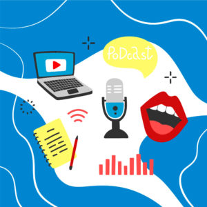 Illustration of various objects (laptop, microphone, notebook and pen, a pair of bright red lips) representing audio content, on a blue wavy background.