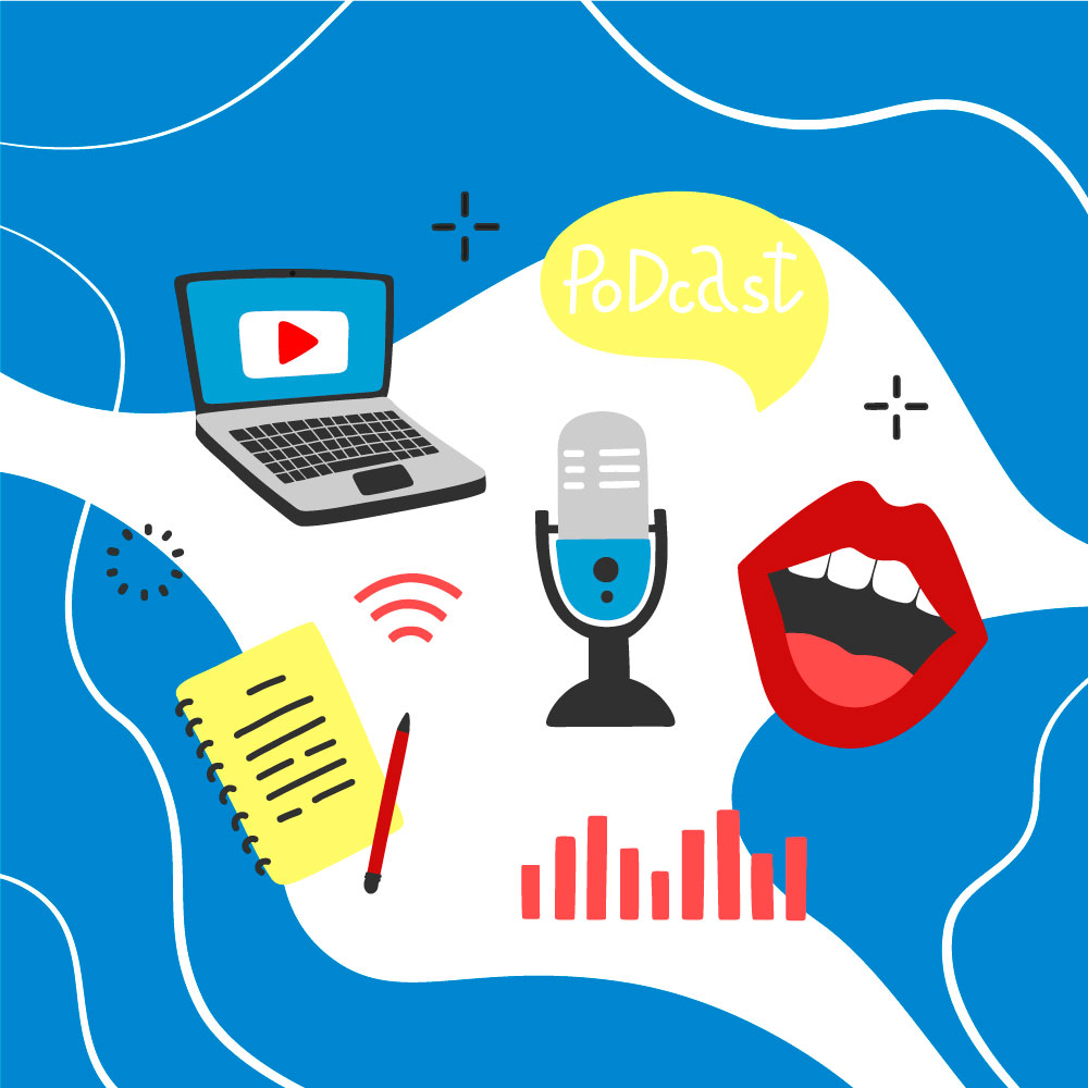Illustration of various objects (laptop, microphone, notebook and pen, a pair of bright red lips) representing audio content, on a blue wavy background.