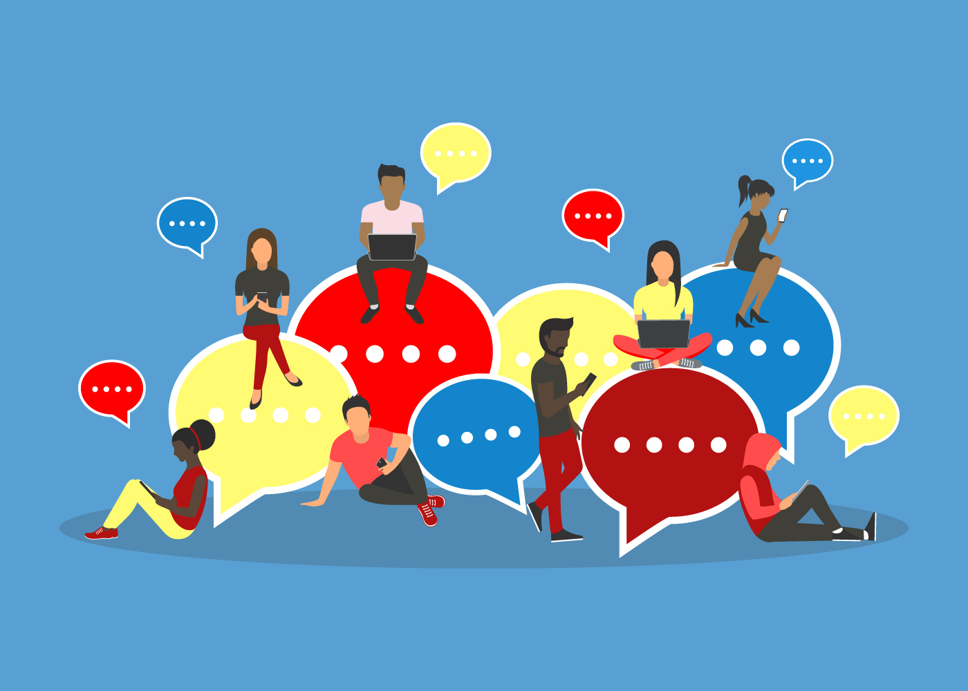 Illustration of diverse young people sitting on various large colourful speech bubbles.