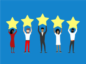Illustration of five people (diverse genders and ethnicities) each holding a large gold star on a blue background.