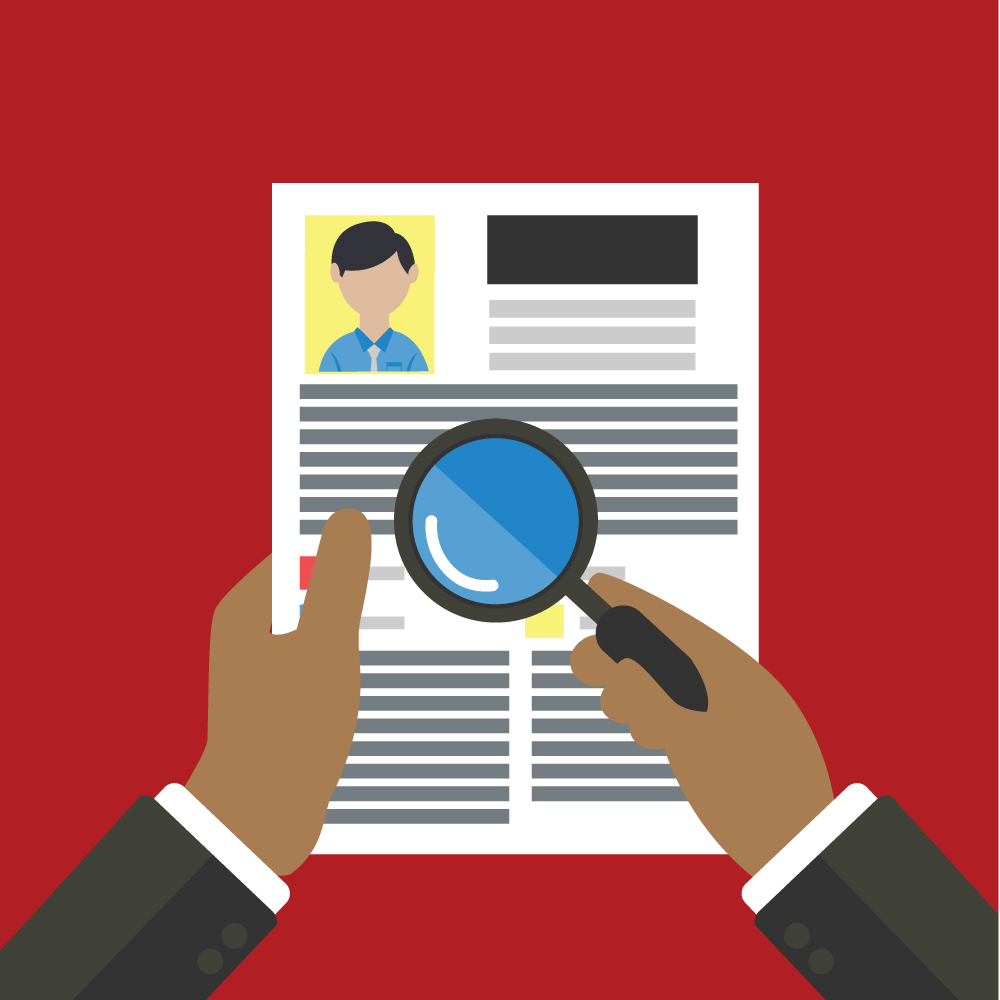 Illustration of two hands holding a one-page CV or job applicant profile. One hand holds a magnifying glass over the CV.