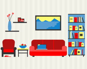 Colourful illustration of a living room with a couch with a laptop on it, an armchair, bookcase, side table, painting, and vase with flowers.