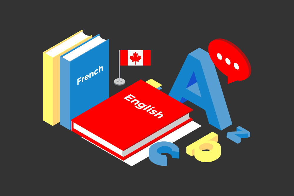 Illustration of books, one labelled “French” and one “English.” A Canadian flag and an oversized A, B, C, and Z surround the books.