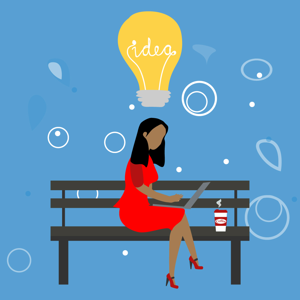 Illustration of person sitting on park bench with laptop and coffee, and big yellow lightbulb above her head with the word "Idea" in it.