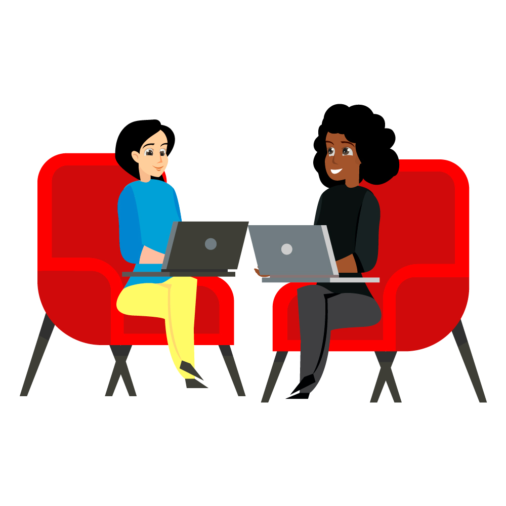 Illustration of two women working together, each with a laptop on her lap sitting on red armchairs facing each other.