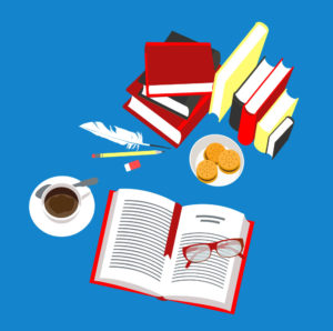 Illustration of an open book with glasses on it next to a plate of cookies, a cup of coffee, and piles of books