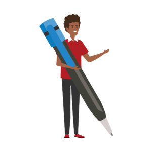 Illustration of a young person with short curly hair, wearing a red shirt with a white collar and holding a huge life-sized pen.