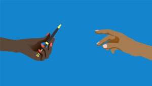 Illustration of two hands, one passing a pen to the other.