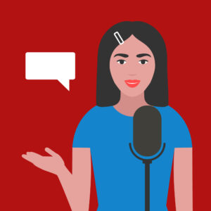 Illustration of woman standing behind a microphone with a blank speech bubble beside her head.