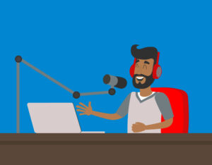 Illustration of man sitting at a desk in front of a computer with a microphone in front of his face.