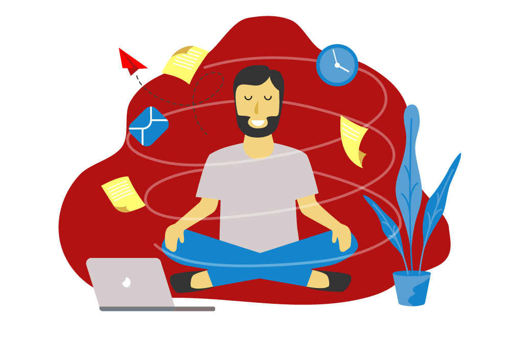Illustration of man, eyes closed, sitting cross-legged, zen-like, in front of a laptop, while papers fly around him.