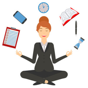 Image of woman in business attire sitting cross-legged as if in meditation. A to-do list, smartphone, clock, notebook, pen, and hourglass hover above her