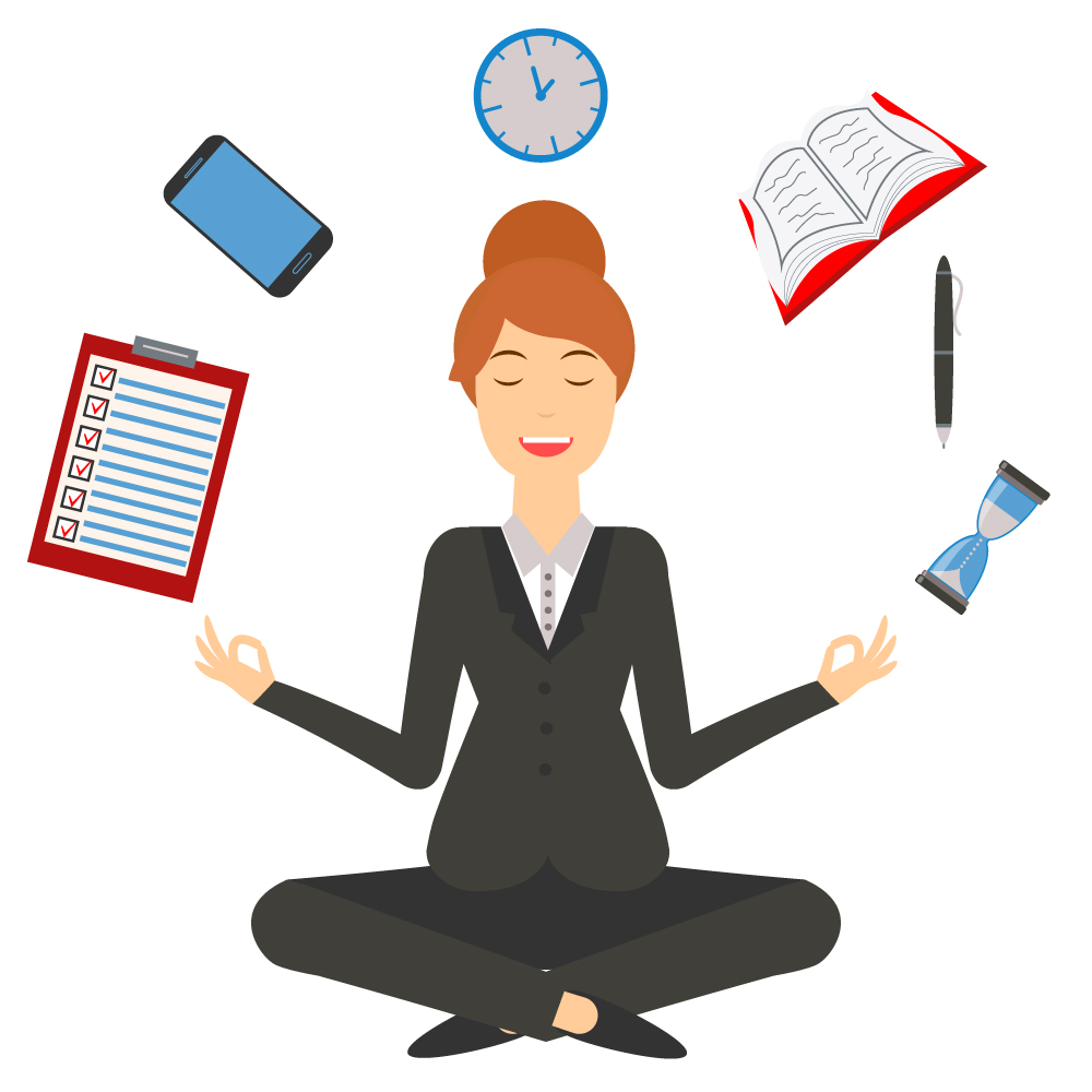 Image of woman in business attire sitting cross-legged as if in meditation. A to-do list, smartphone, clock, notebook, pen, and hourglass hover above her