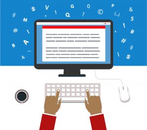 Illustration of a person typing. A text-based document is on the screen, and letters, numbers and symbols float outside the monitor.