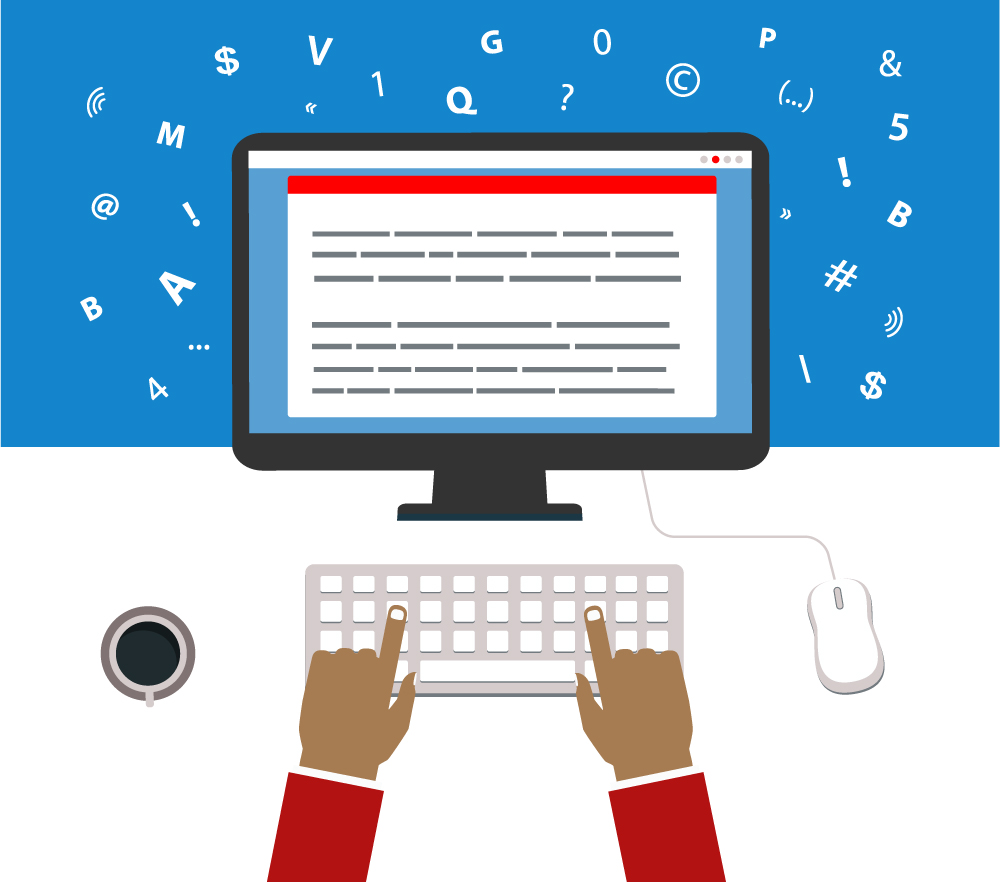Illustration of a person typing. A text-based document is on the screen, and letters, numbers and symbols float outside the monitor.