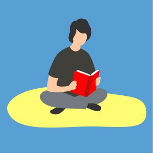 Illustration of a person sitting cross-legged and reading a book
