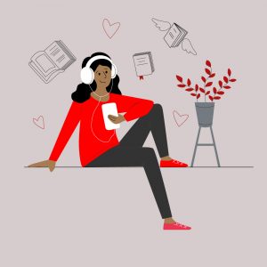 Illustration of a happy woman wearing headphones and listening to an audiobook