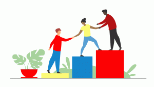 Illustration of three people on different sizes of blocks. Each reaches back to help the next up another level