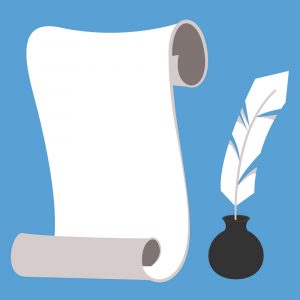 Illustration of a blank scroll of parchment beside a quill in an inkpot. (magicleaf © 123RF.com)