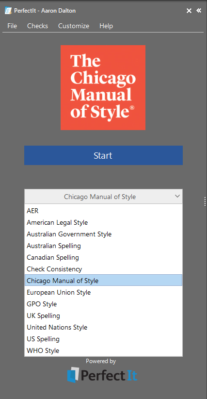 Screenshot of style guide drop-down list in PerfectIt, with The Chicago Manual of Style selected.