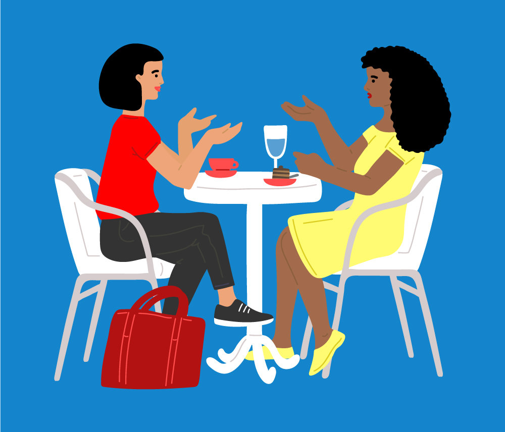 Illustration of two women sitting at a café table and chatting.