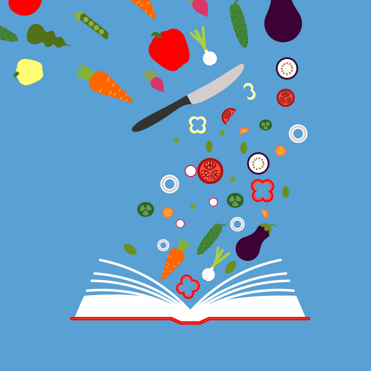 Illustration of an array of salad ingredients falling into the pages of an open book.