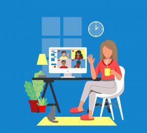 Illustration of a woman in casual clothes holding a mug of coffee in her home office and greeting four others via video call.