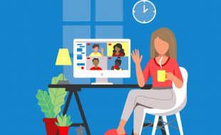 Illustration of a woman in casual clothes holding a mug of coffee in her home office and greeting four others via video call.