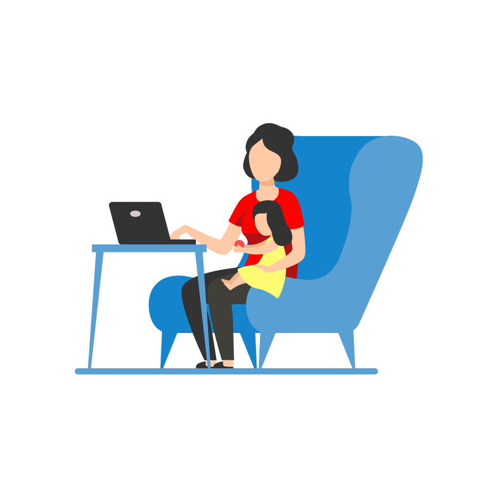 Illustration of a mother working from home on a laptop with a young child on her lap.