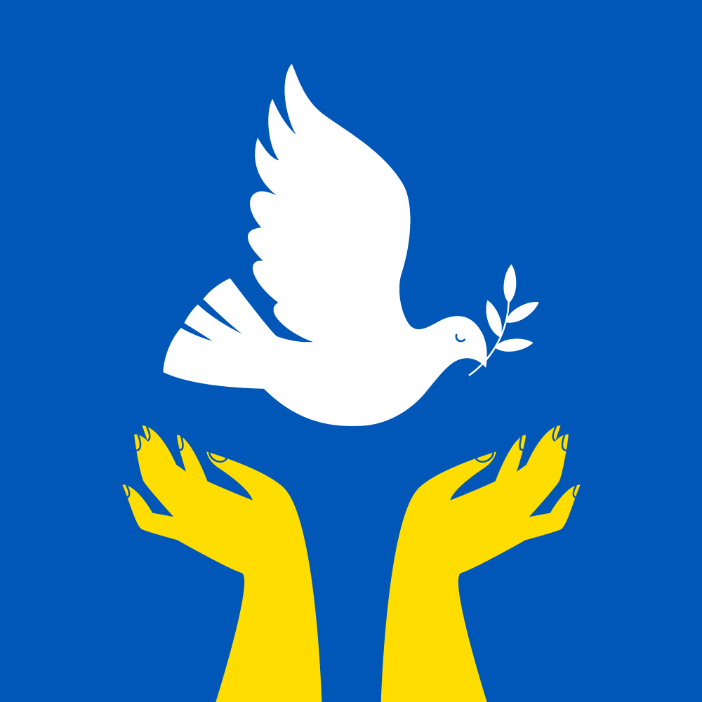 Illustration in the colours of the Ukrainian flag of a pair of hands reaching up toward a dove with an olive branch.