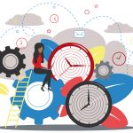 Woman with laptop sitting atop a collection of oversized gears and clocks.