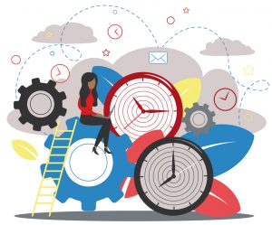 Illustration of a woman with a laptop sitting atop a collection of oversized gears and clocks.