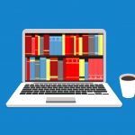 Illustration of an open laptop and a mug full of a dark beverage. The laptop screen looks like a bookshelf full of reference books.