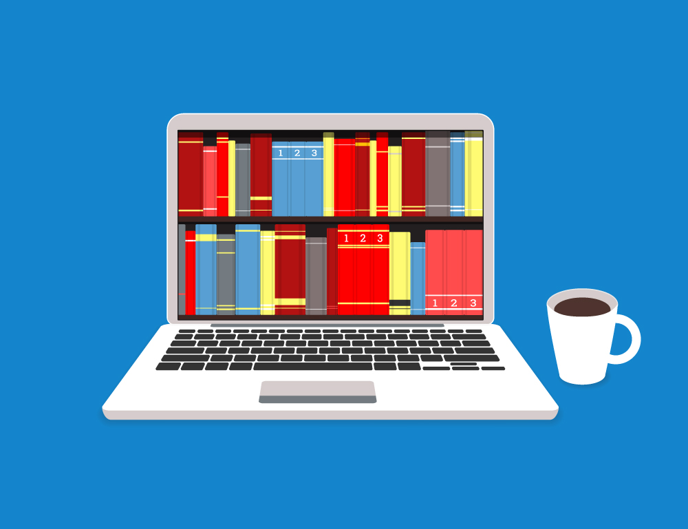 Illustration of an open laptop and a mug full of a dark beverage. The laptop screen looks like a bookshelf full of reference books.