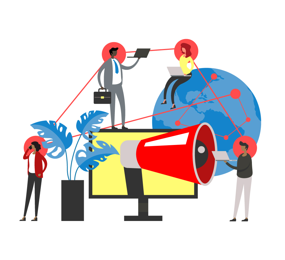 Illustration of people with laptops and cell phones connected by a line and perched around an oversize globe and a computer monitor with a megaphone coming out of it.