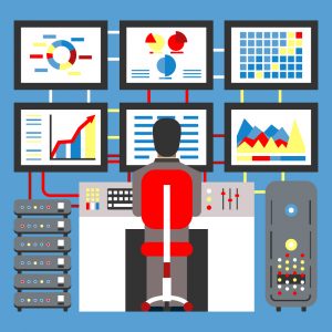 Illustration of a person sitting in front of a bank of six computer monitors with different charts and graphs on each screen.